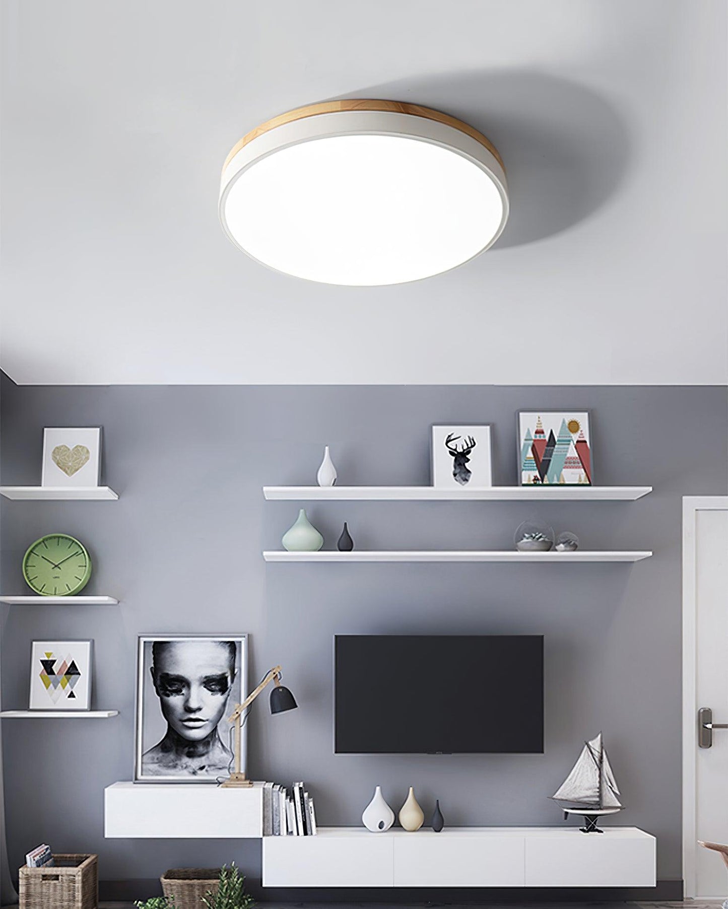 White Round Wooden Ceiling Lamp | Built-in LED | 30cm, 40cm, 50cm Options