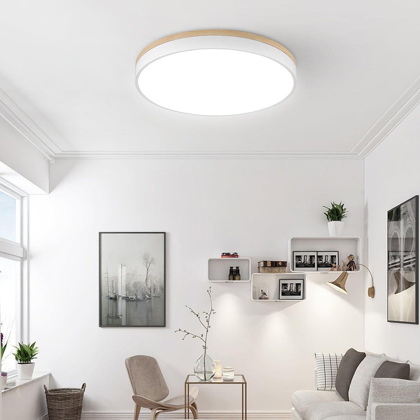 White Round Wooden Ceiling Lamp | Built-in LED | 30cm, 40cm, 50cm Options