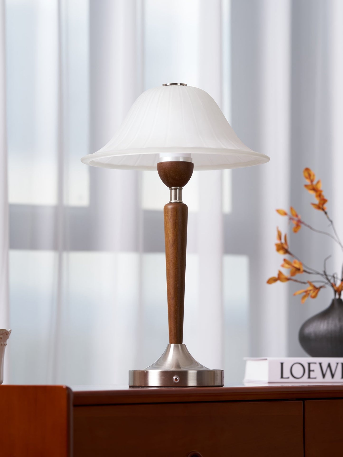 Vintage Table Lamp | Fluted Frosted Glass Shade | Walnut & Nickel Finish