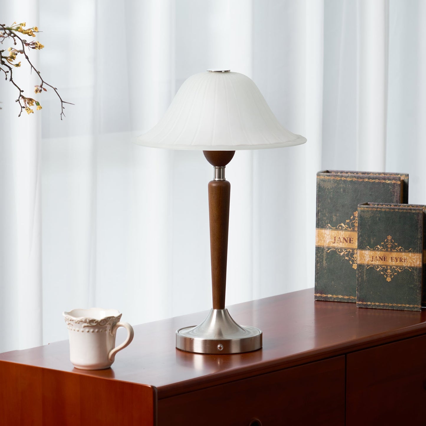 Vintage Table Lamp | Fluted Frosted Glass Shade | Walnut & Nickel Finish