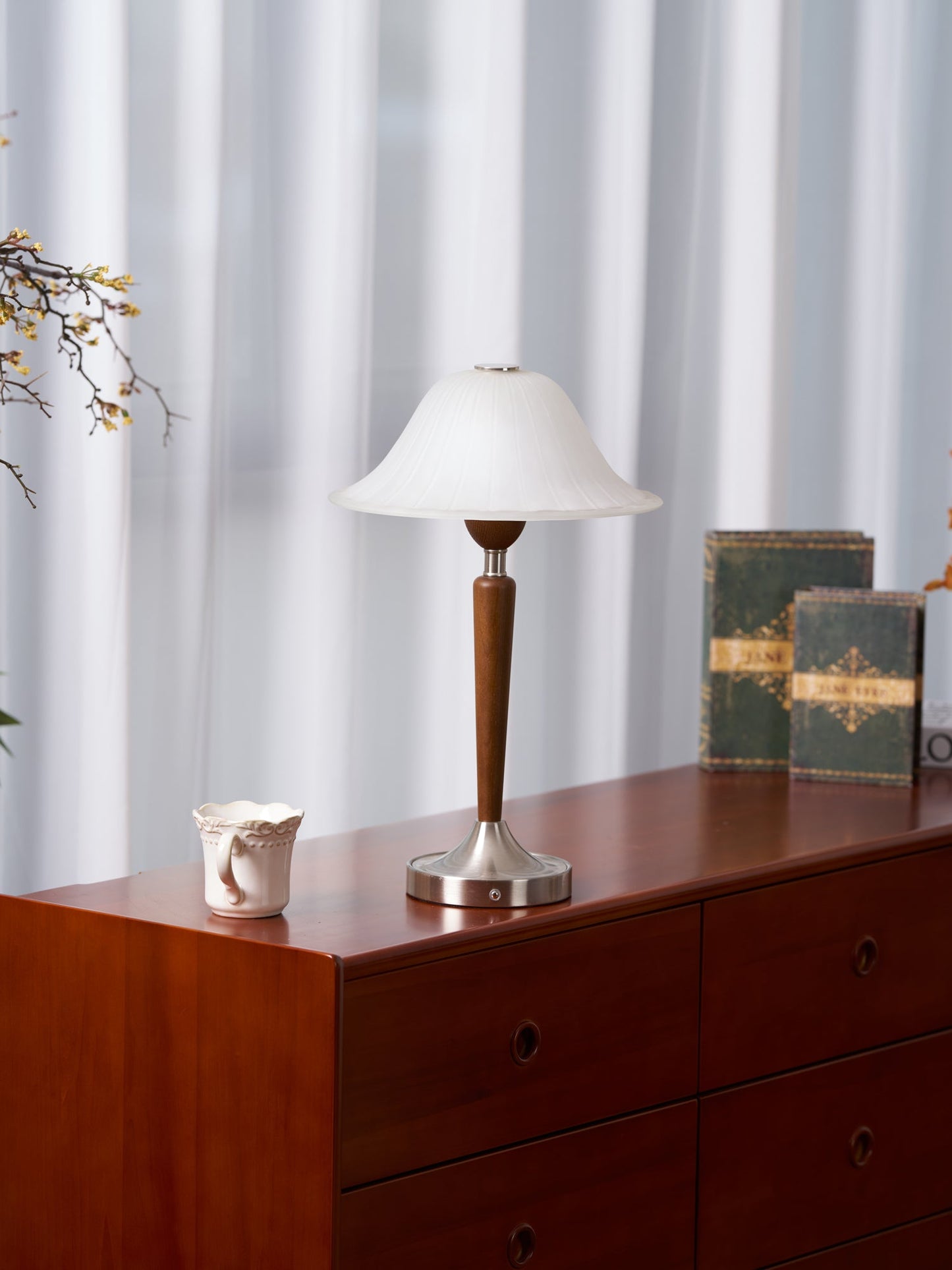 Vintage Table Lamp | Fluted Frosted Glass Shade | Walnut & Nickel Finish