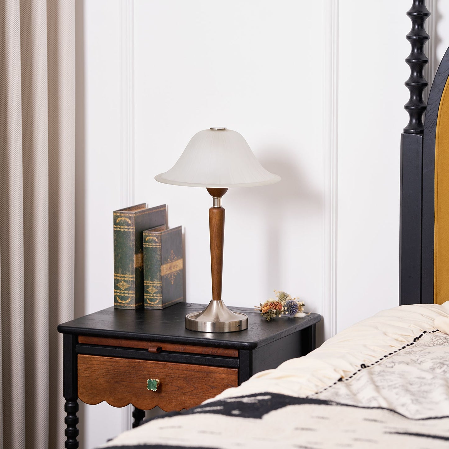 Vintage Table Lamp | Fluted Frosted Glass Shade | Walnut & Nickel Finish
