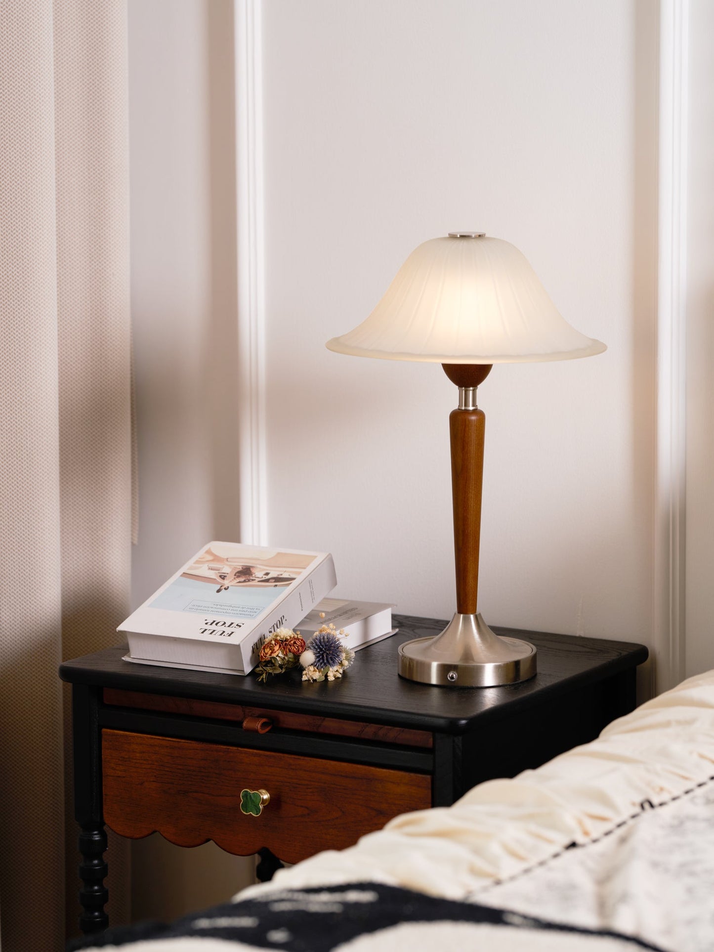 Vintage Table Lamp | Fluted Frosted Glass Shade | Walnut & Nickel Finish