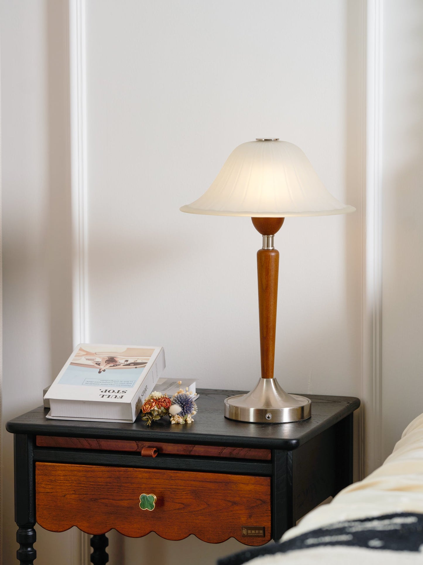 Vintage Table Lamp | Fluted Frosted Glass Shade | Walnut & Nickel Finish