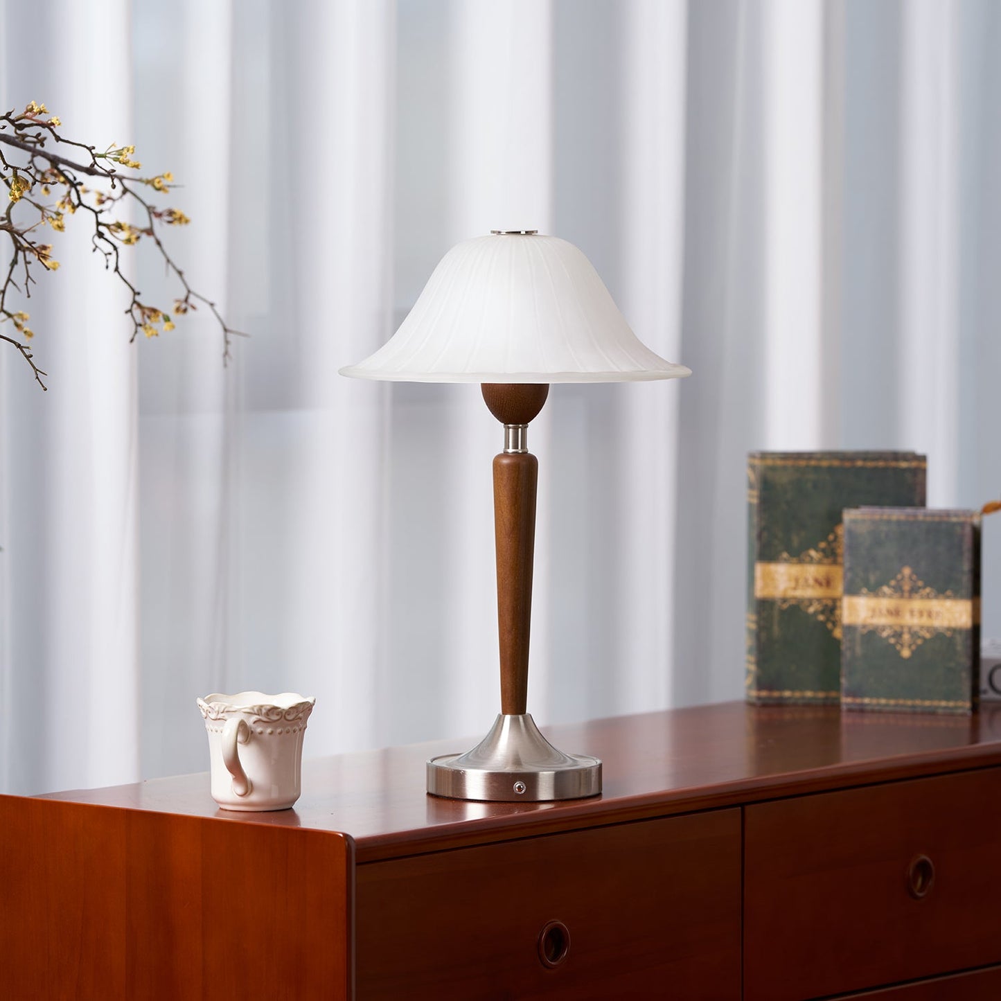 Vintage Table Lamp | Fluted Frosted Glass Shade | Walnut & Nickel Finish