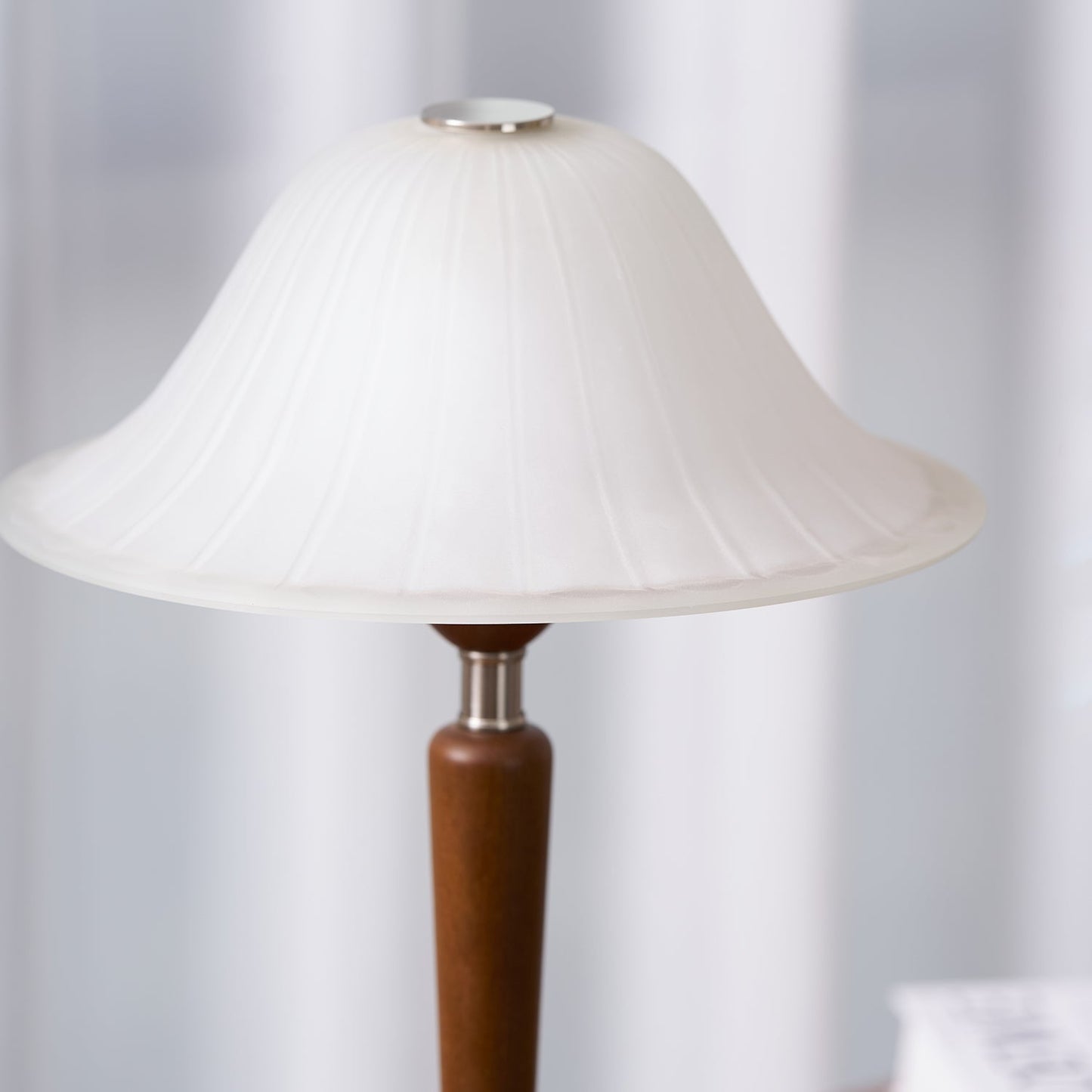 Vintage Table Lamp | Fluted Frosted Glass Shade | Walnut & Nickel Finish