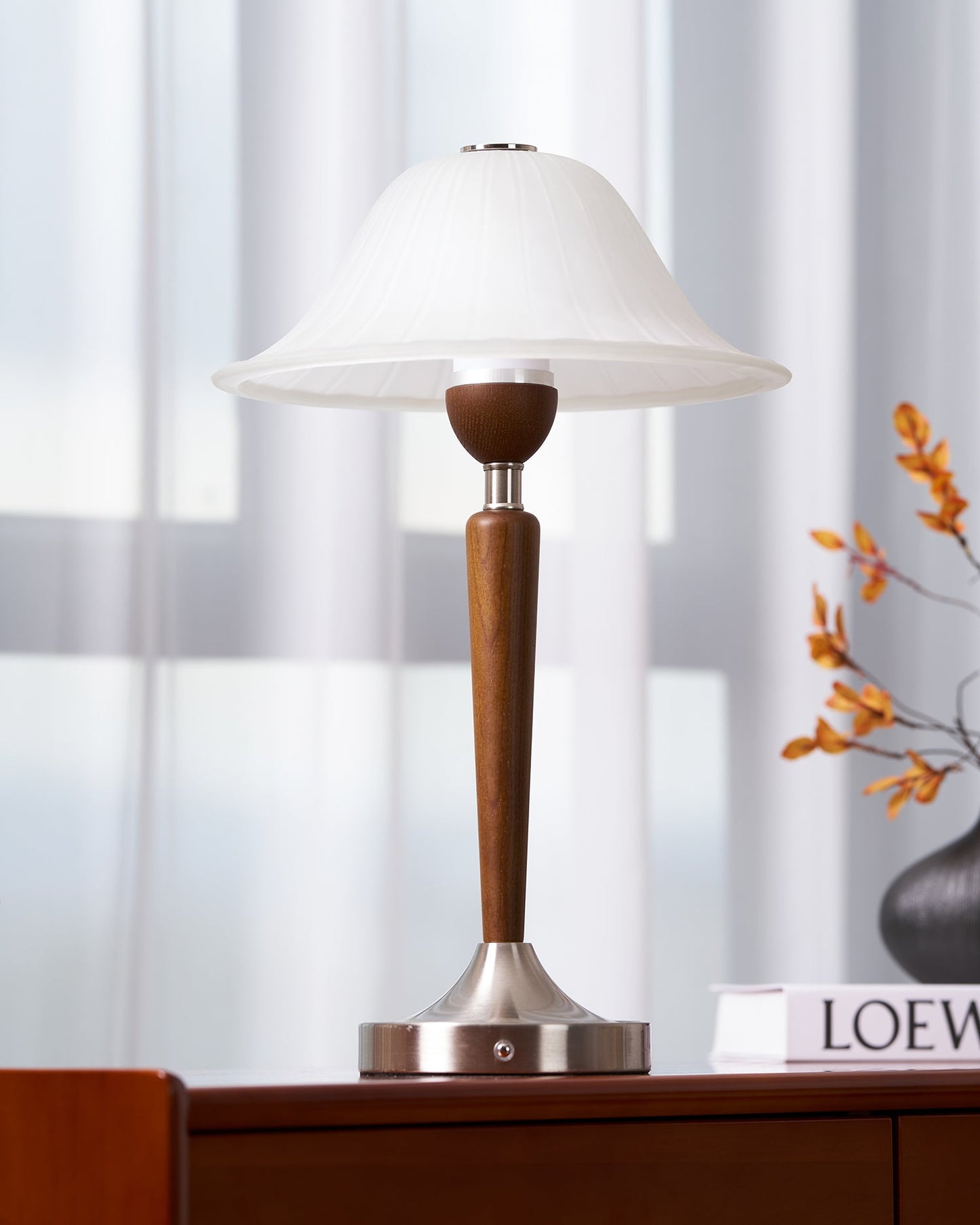 Vintage Table Lamp | Fluted Frosted Glass Shade | Walnut & Nickel Finish