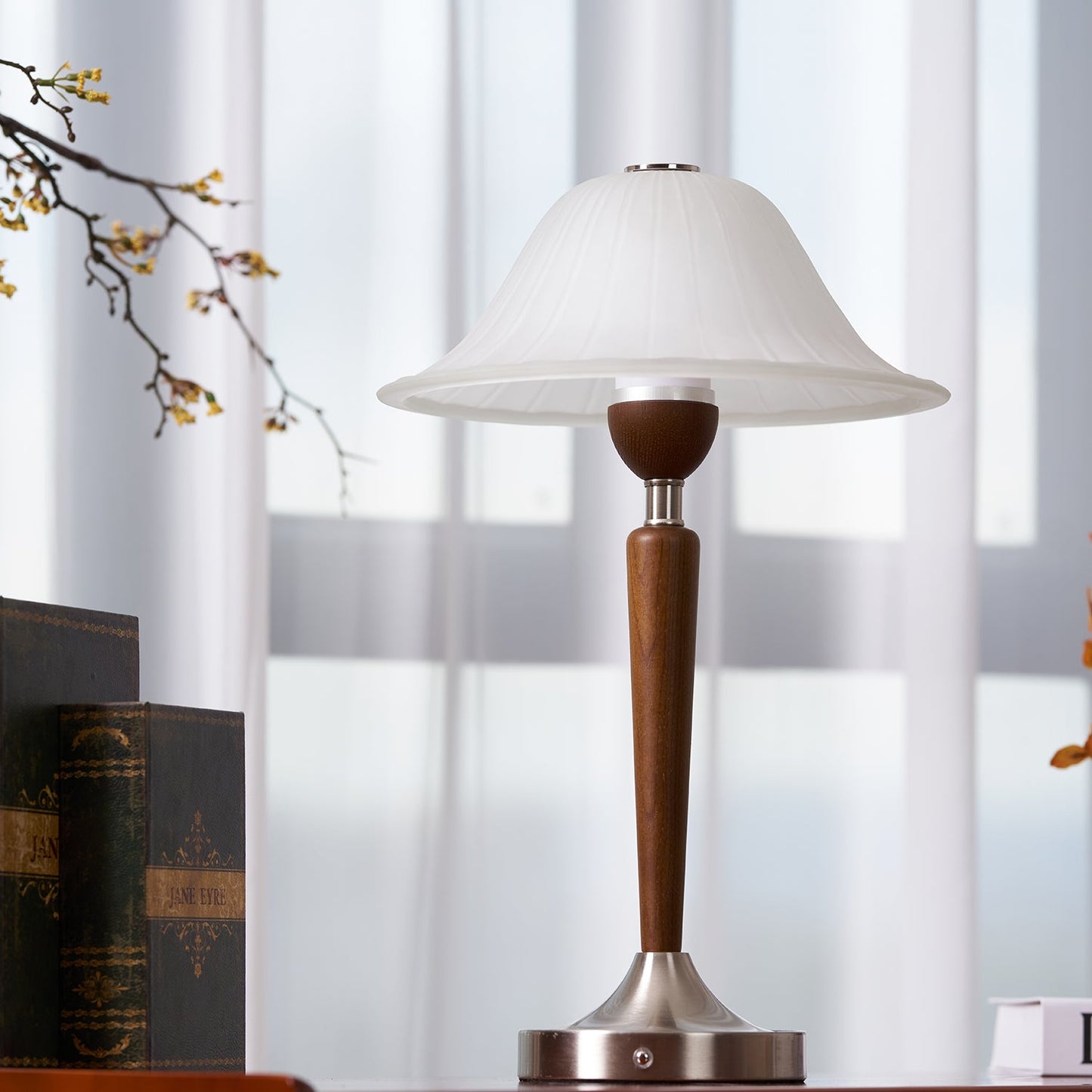 Vintage Table Lamp | Fluted Frosted Glass Shade | Walnut & Nickel Finish
