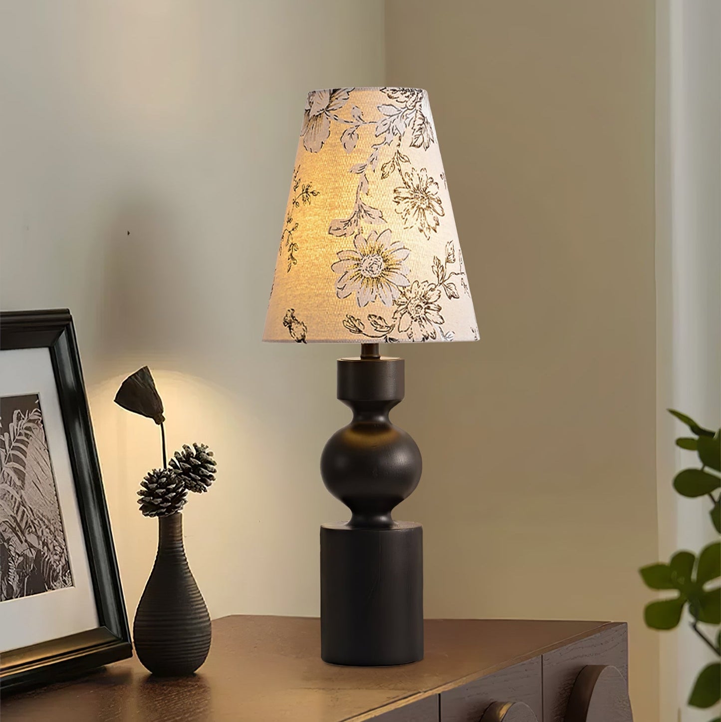 Wooden Table Lamp | Dark Walnut Base with Floral Shade | 22cm Diameter