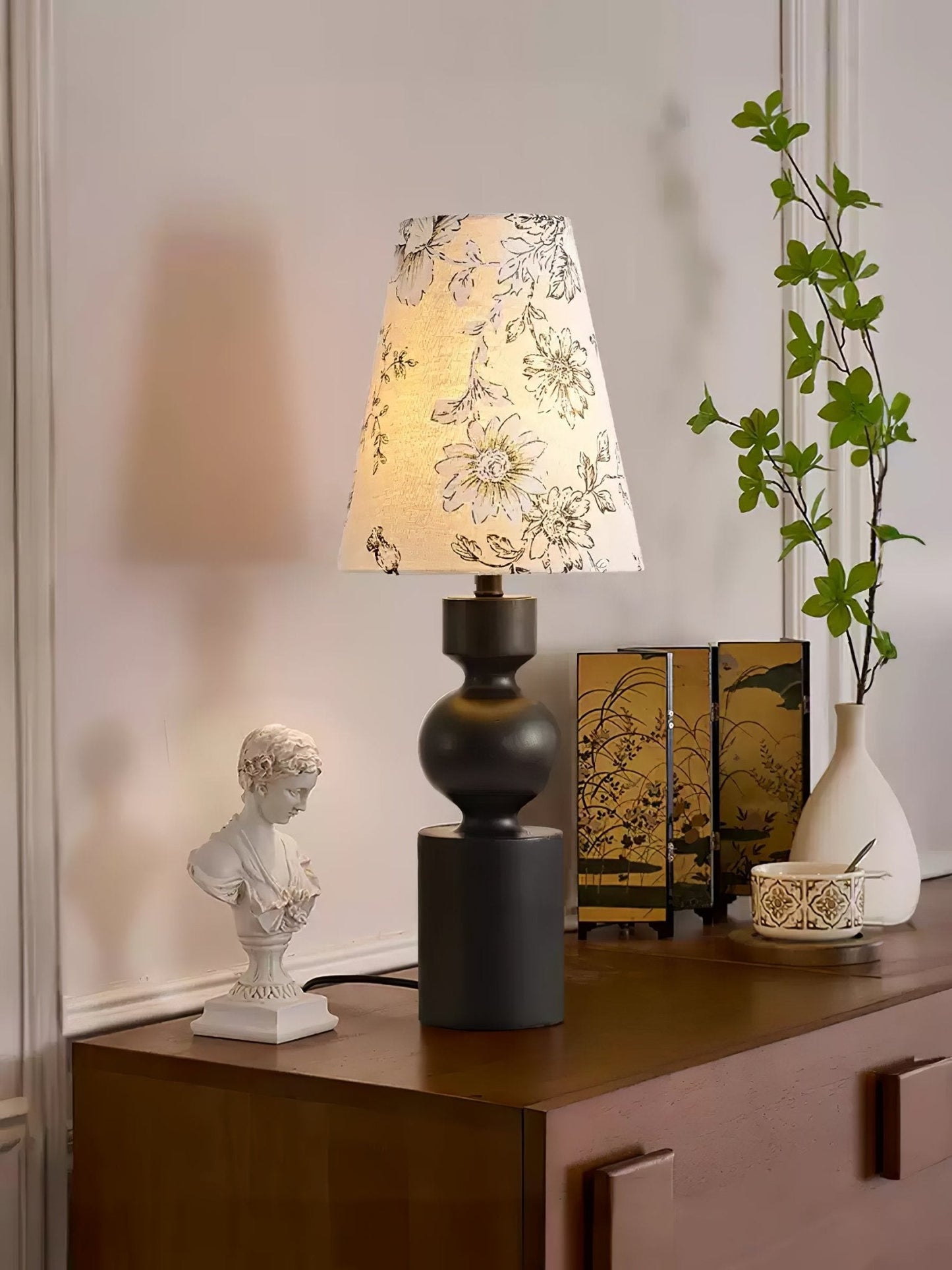 Wooden Table Lamp | Dark Walnut Base with Floral Shade | 22cm Diameter