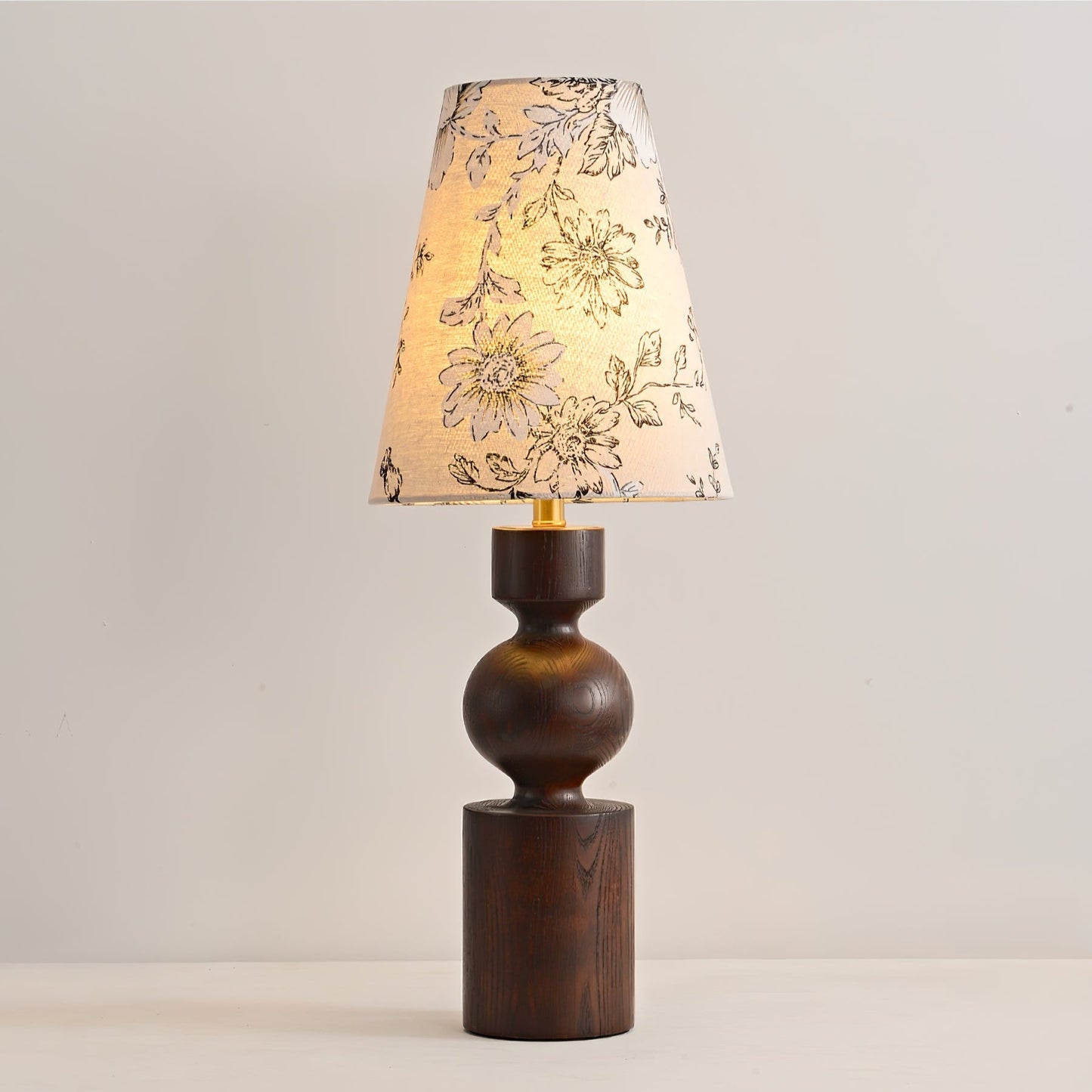Wooden Table Lamp | Dark Walnut Base with Floral Shade | 22cm Diameter