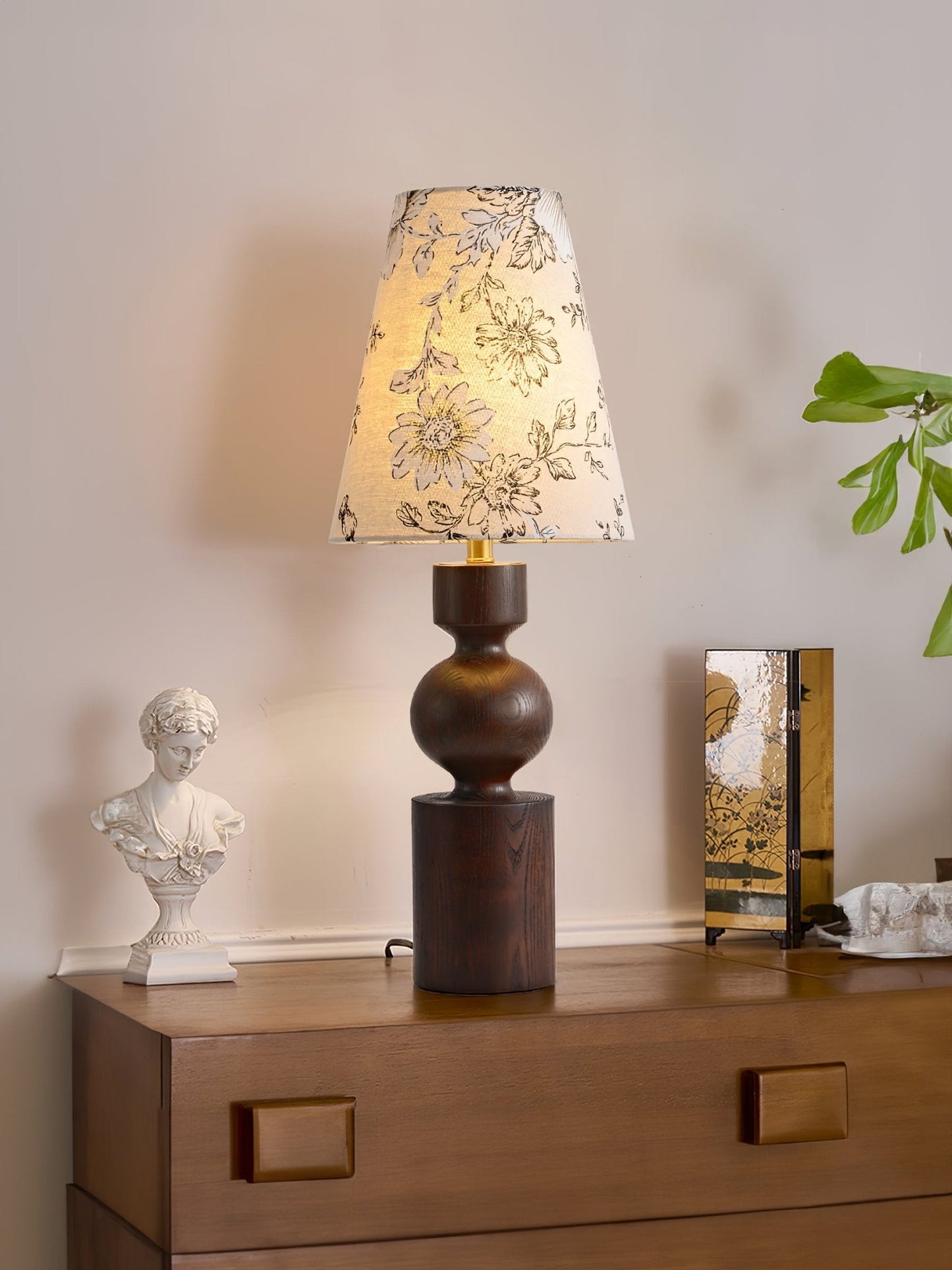 Wooden Table Lamp | Dark Walnut Base with Floral Shade | 22cm Diameter