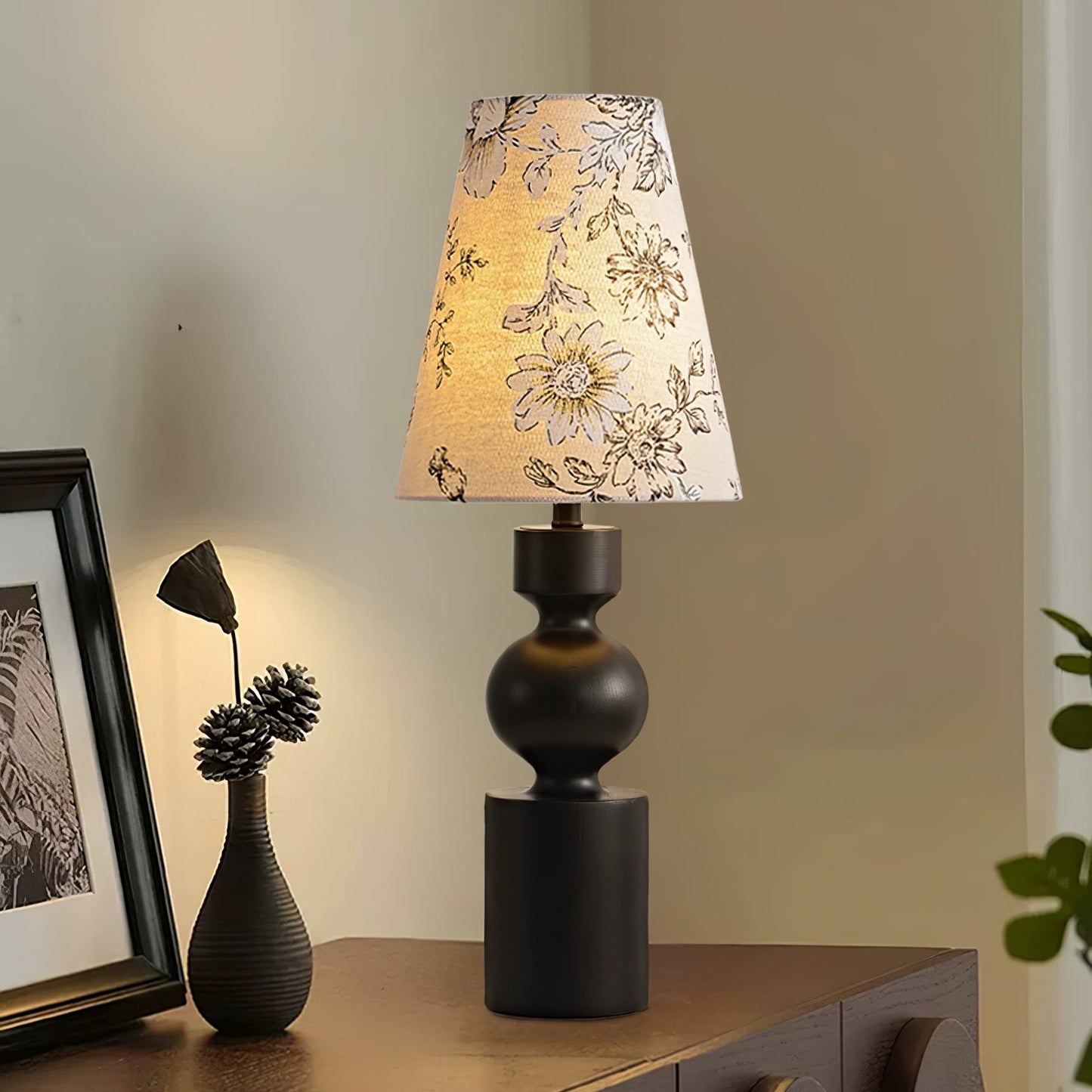 Wooden Table Lamp | Dark Walnut Base with Floral Shade | 22cm Diameter