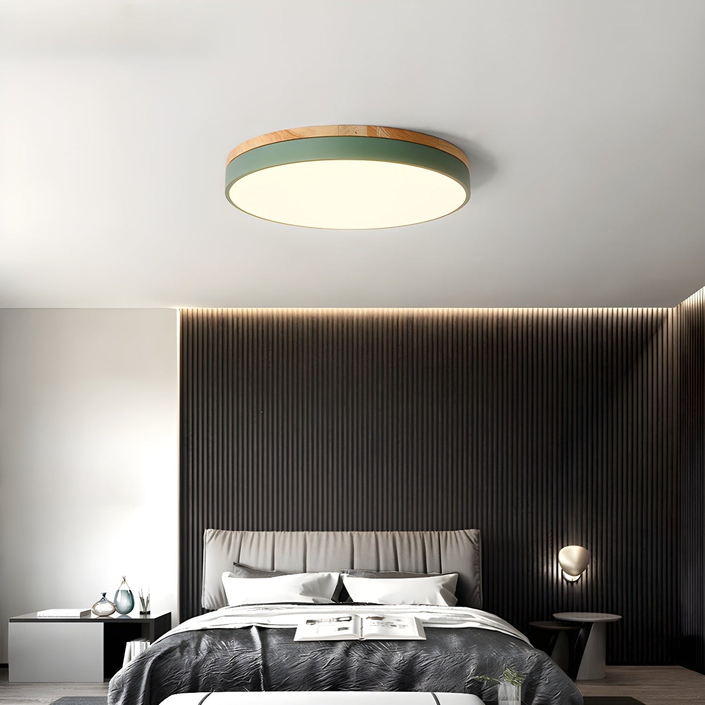 Zara Circular Ceiling Lamp | Wood & Matte Grey Frame | 30cm, 40cm, 50cm Options