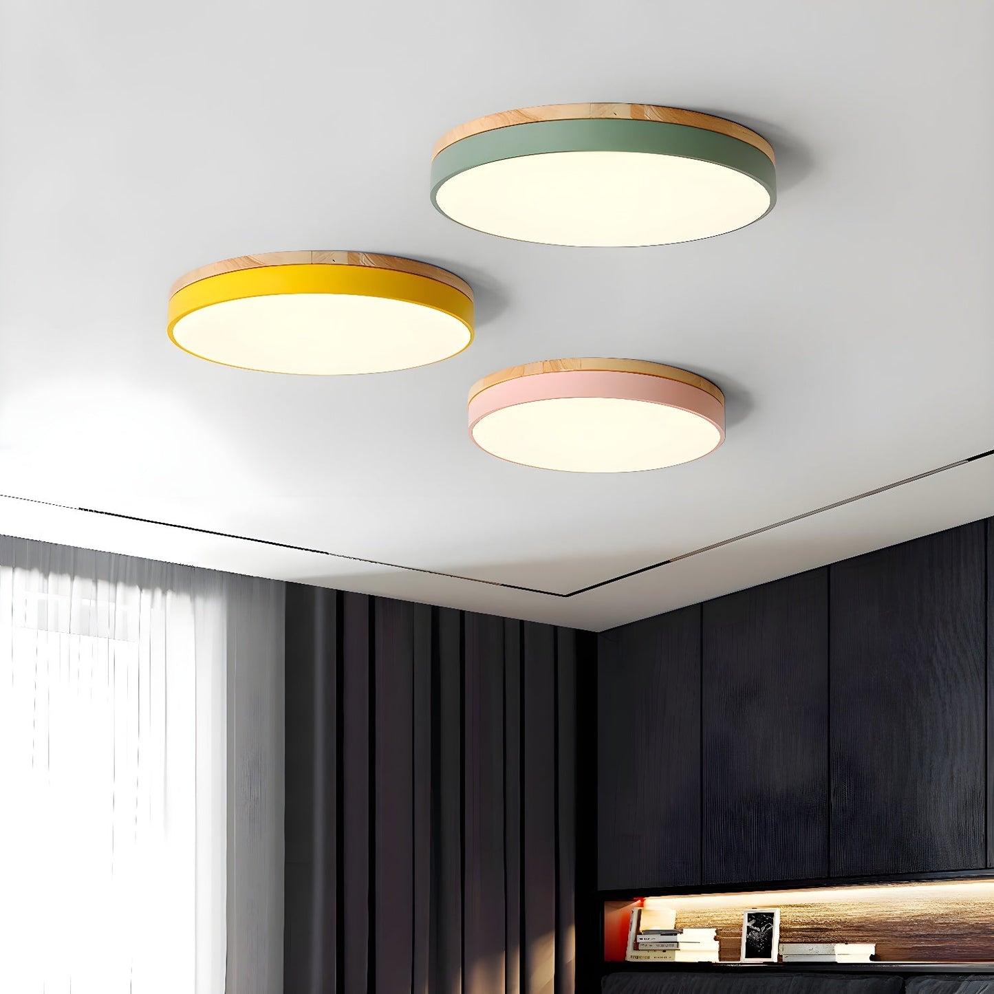 Zara Circular Ceiling Lamp | Wood & Matte Grey Frame | 30cm, 40cm, 50cm Options