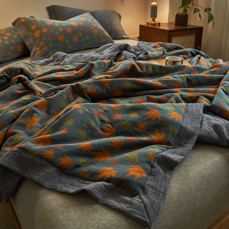 Maple Leaf Jacquard Quilt | 100% Organic Cotton | Orange and Yellow Design