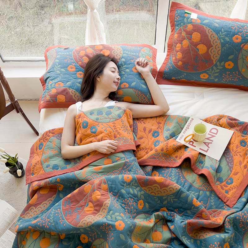 Persimmon Flower Cotton Quilt | Reversible Double-Sided | Full/Queen/King Sizes
