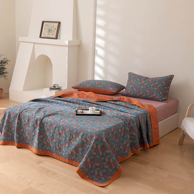 Ginkgo Leaf Pattern Cotton Quilt | Reversible Design | Full/Queen/King Options