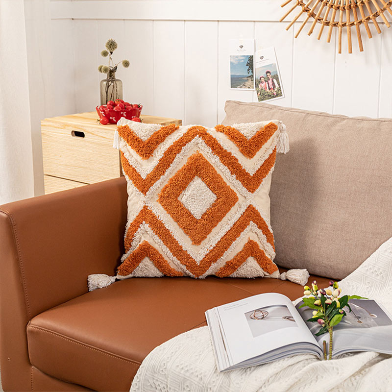 Morocco Jacquard Pillow Cover | Cotton with Tassels | Neutral Color