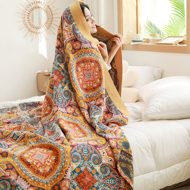 Reversible Cotton Quilt | Dark Orange Bohemian Design | Available in Full, Queen, King Sizes