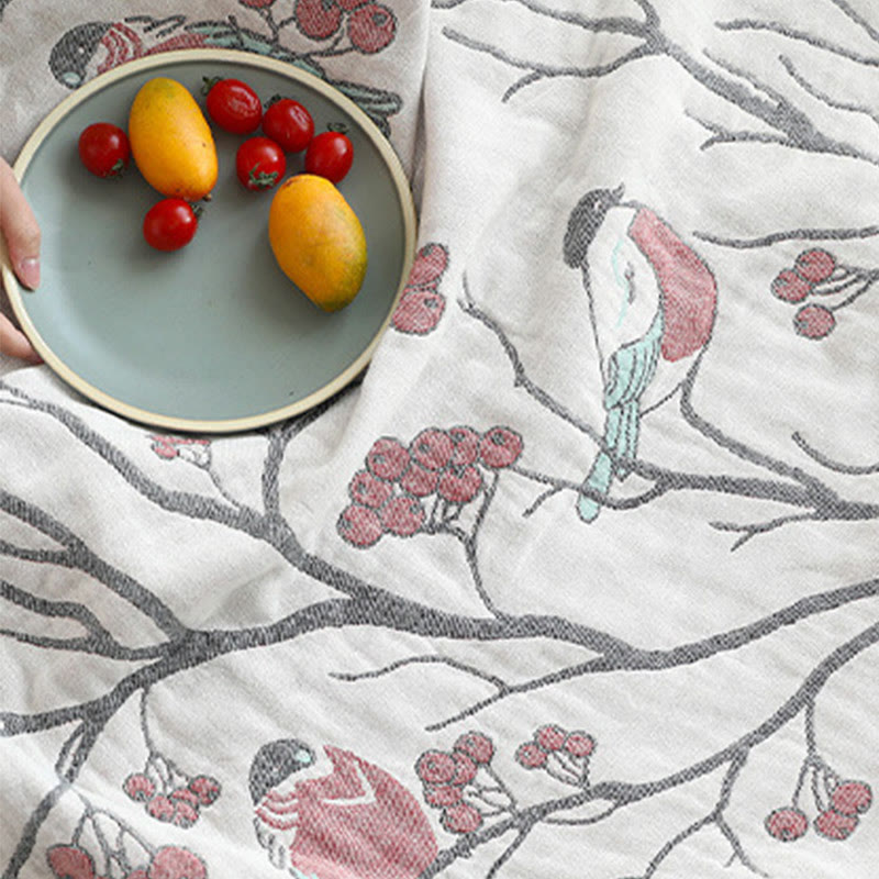 Hawthorn Tree Bird Quilt | 100% Organic Cotton | Reversible Design, Full/Queen Size