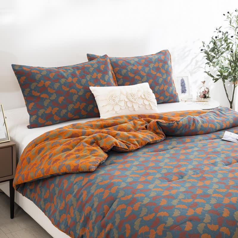 Jacquard Ginkgo Leaf Bedding Set | 100% Organic Cotton | Includes Quilt & 2 Pillowcases
