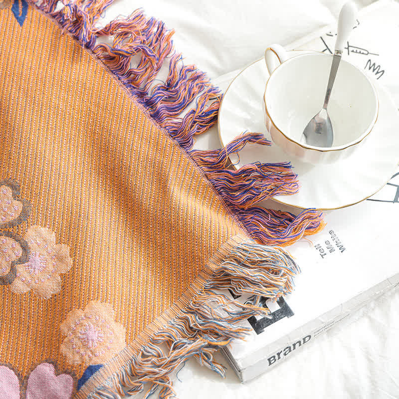 Blooming Flowers Soft Tassel Blanket | Pure Cotton | Full Size 59"W x 79"L