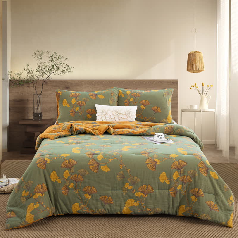 Rustic Ginkgo Leaf Bedding Set | 100% Organic Cotton | Includes Quilt & 2 Pillowcases