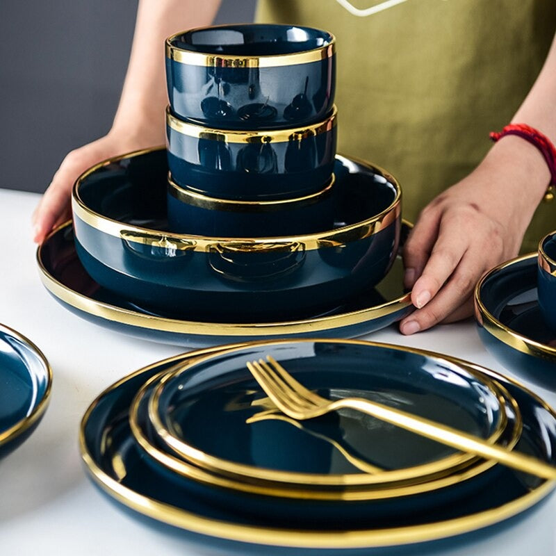 Oxford Blue Dinnerware Set | Fine Porcelain with Gold Rim | 4, 6, or 8 People