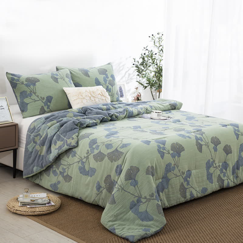 Rustic Ginkgo Leaf Bedding Set | 100% Organic Cotton | Includes Quilt & 2 Pillowcases