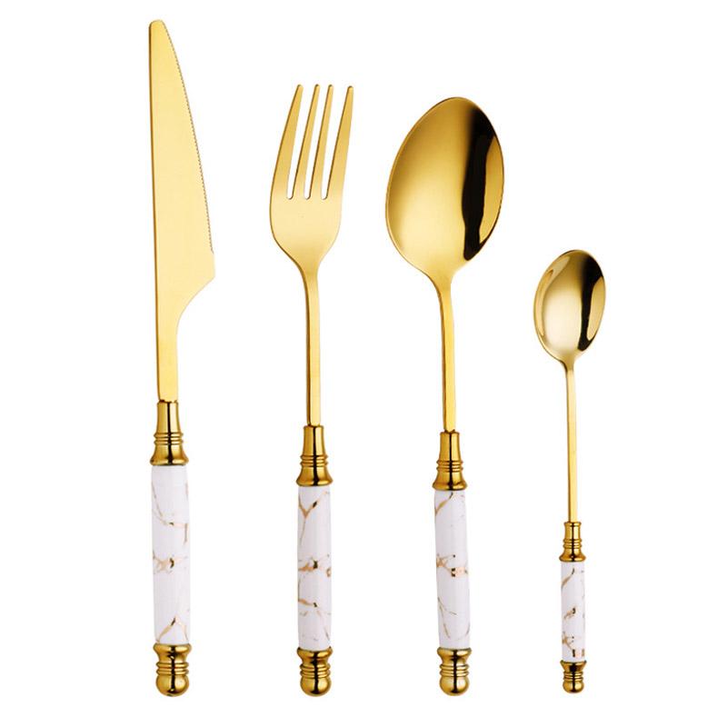 Emerald Cutlery Set | Stainless Steel & Marble | Gold-tone Accents