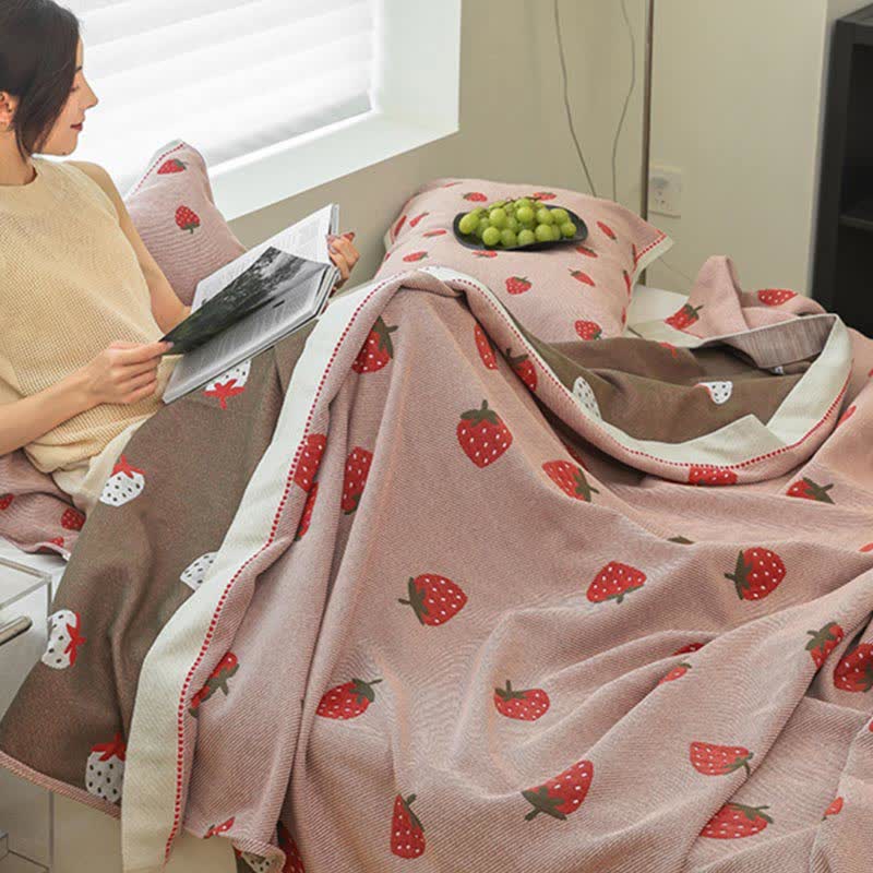 Pink Strawberry Cotton Gauze Quilt | Reversible Design | Full/Queen/King Options