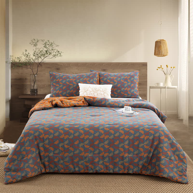 Jacquard Ginkgo Leaf Bedding Set | 100% Organic Cotton | Includes Quilt & 2 Pillowcases