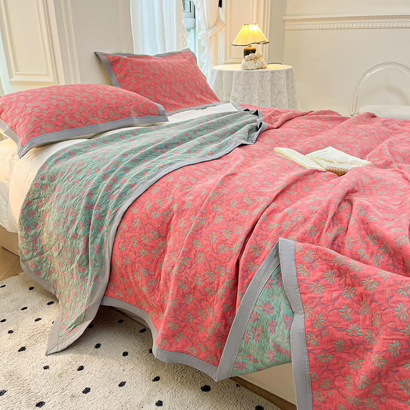Pure Cotton Quilted Coverlet | Floral Design | Available in Full, Queen, King Sizes
