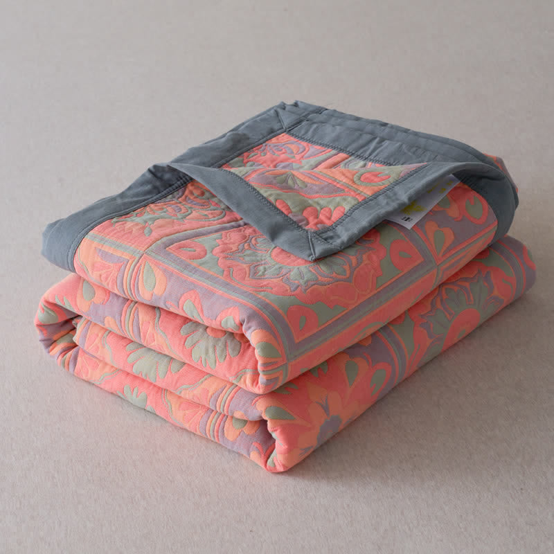 Jacquard Floral Cotton Quilt | 100% Organic Cotton | Reversible Design with Pillow Towels