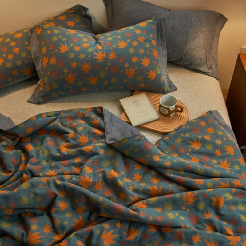 Maple Leaf Jacquard Quilt | 100% Organic Cotton | Orange and Yellow Design
