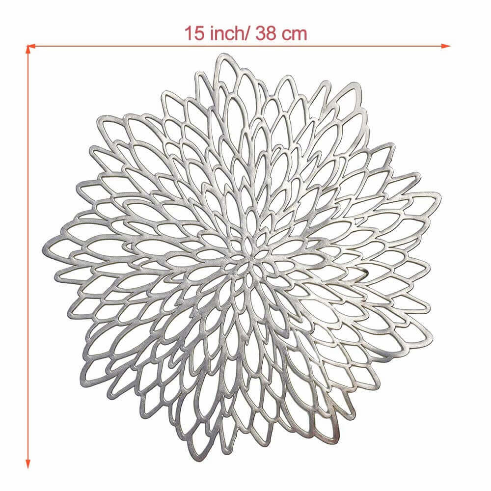 Round Dahlia Placemats | Durable Stain Resistant | Metallic Gold/Silver, 15.5"
