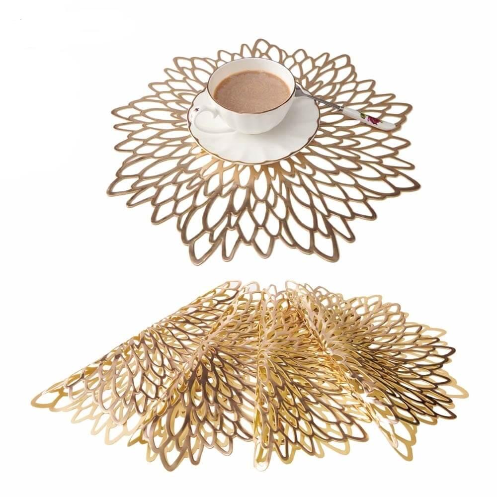 Round Dahlia Placemats | Durable Stain Resistant | Metallic Gold/Silver, 15.5"