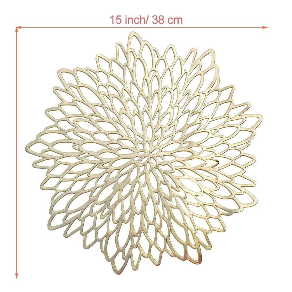 Round Dahlia Placemats | Durable Stain Resistant | Metallic Gold/Silver, 15.5"