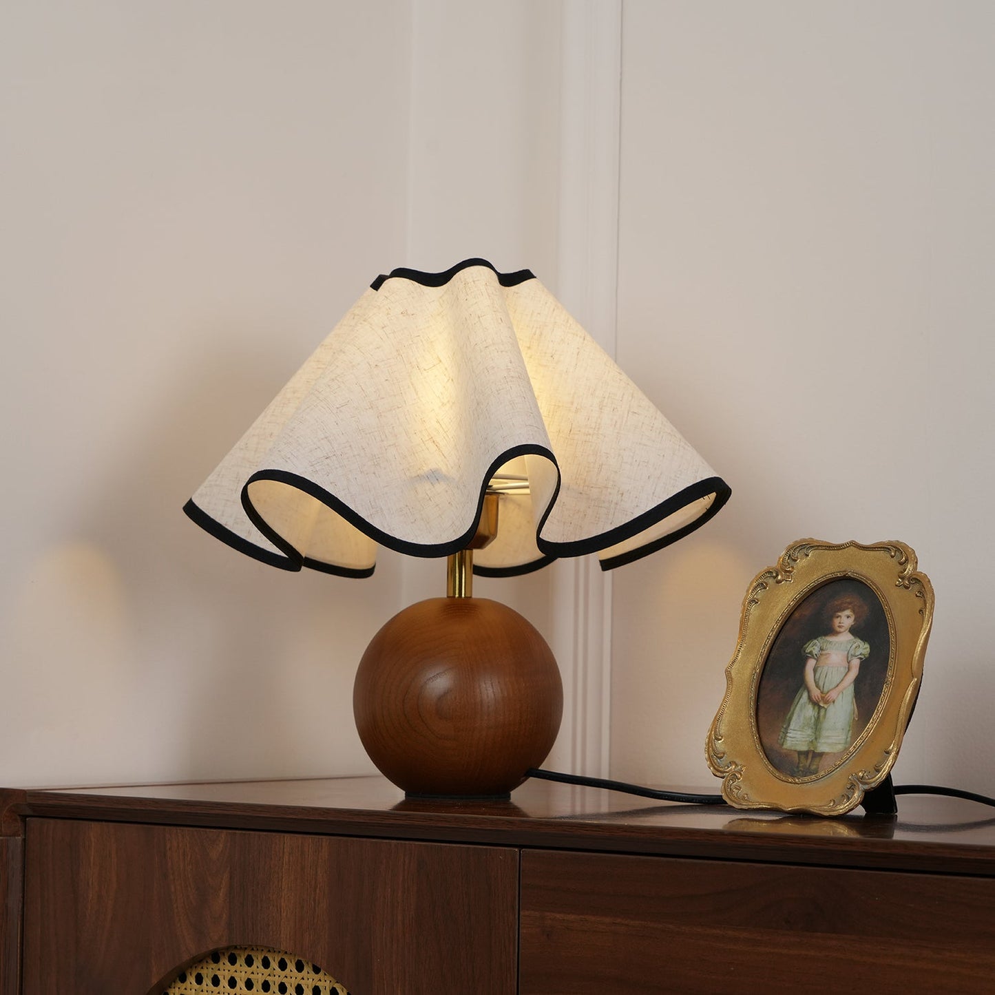 Wavecrest Table Lamp | Wooden Base & Fabric Shade | Walnut Color