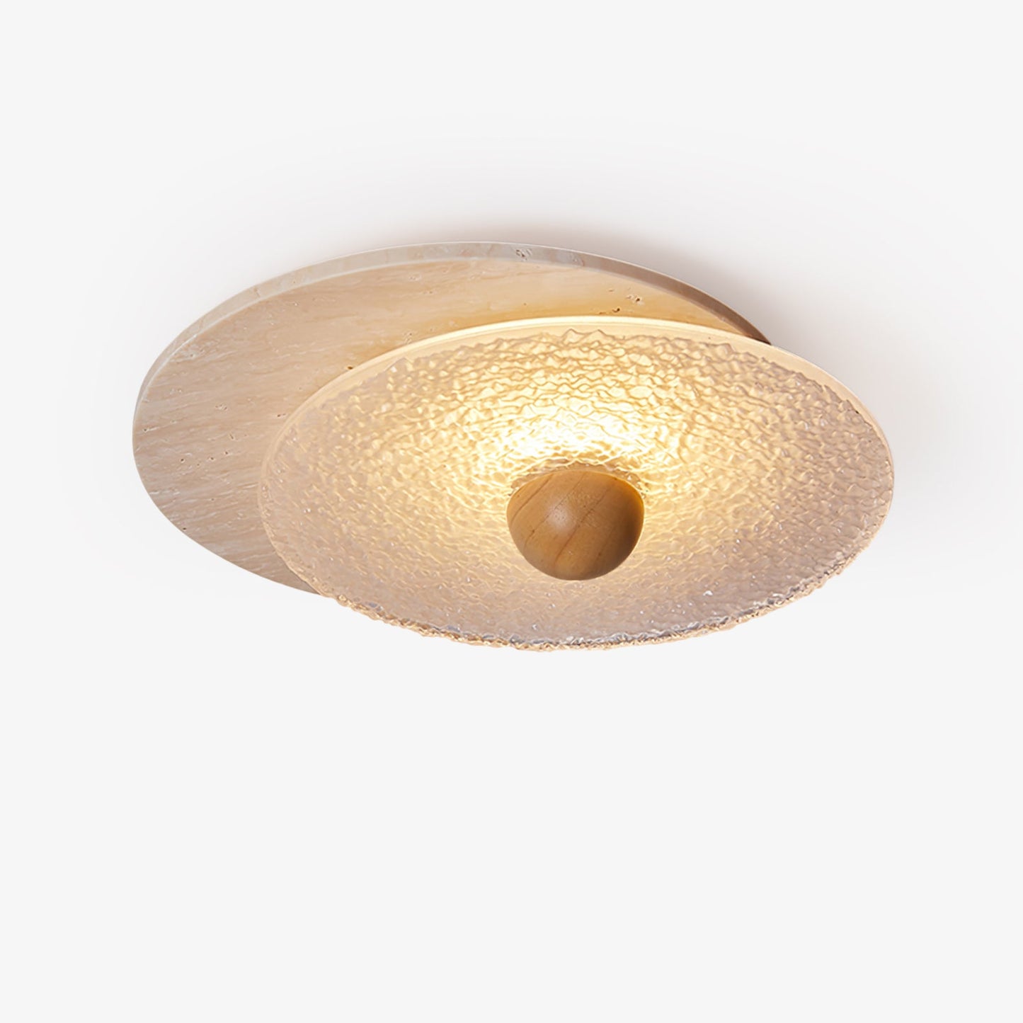 Radiant Disc Ceiling Lamp | Yellow Travertine & Glass | 33cm x 32cm