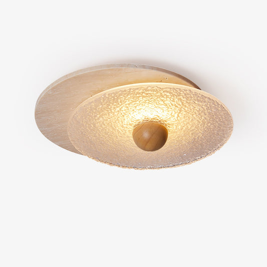 Radiant Disc Ceiling Lamp | Yellow Travertine & Glass | 33cm x 32cm
