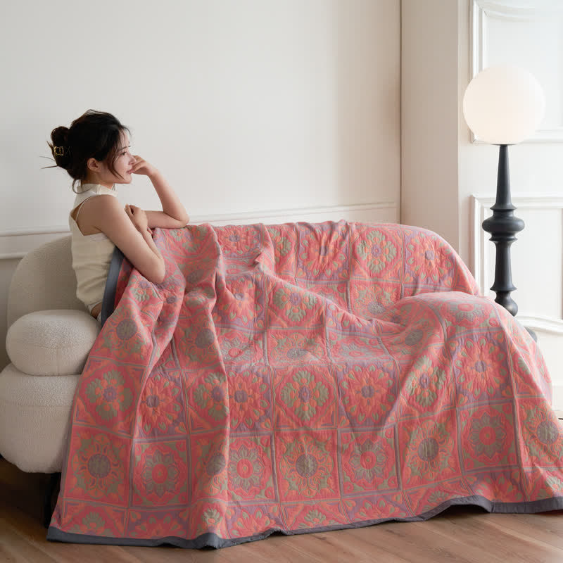 Jacquard Floral Cotton Quilt | 100% Organic Cotton | Reversible Design with Pillow Towels