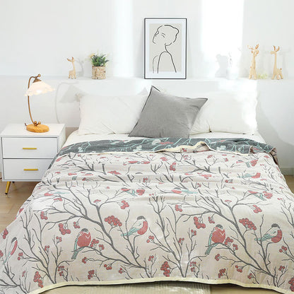 Hawthorn Tree Bird Quilt | 100% Organic Cotton | Reversible Design, Full/Queen Size
