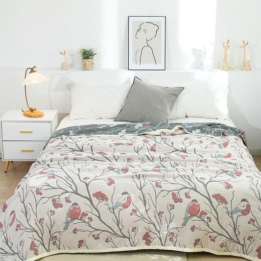 Hawthorn Tree Bird Quilt | 100% Organic Cotton | Reversible Design, Full/Queen Size