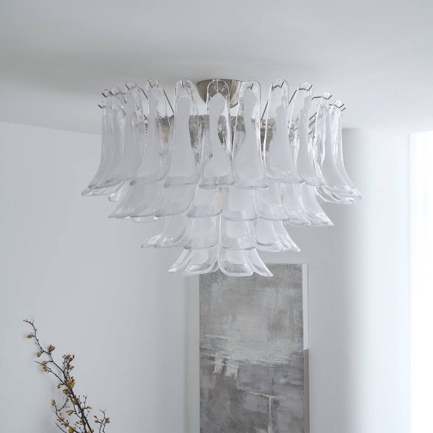 Murano Glass Ceiling Lamp | White & Clear Waves | 80cm Diameter