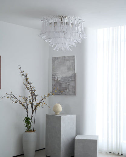 Murano Glass Ceiling Lamp | White & Clear Waves | 80cm Diameter