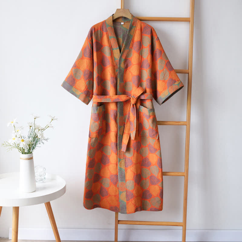 Cotton Gauze Bathrobe | Leaf Pattern | Adjustable Belt, Pockets