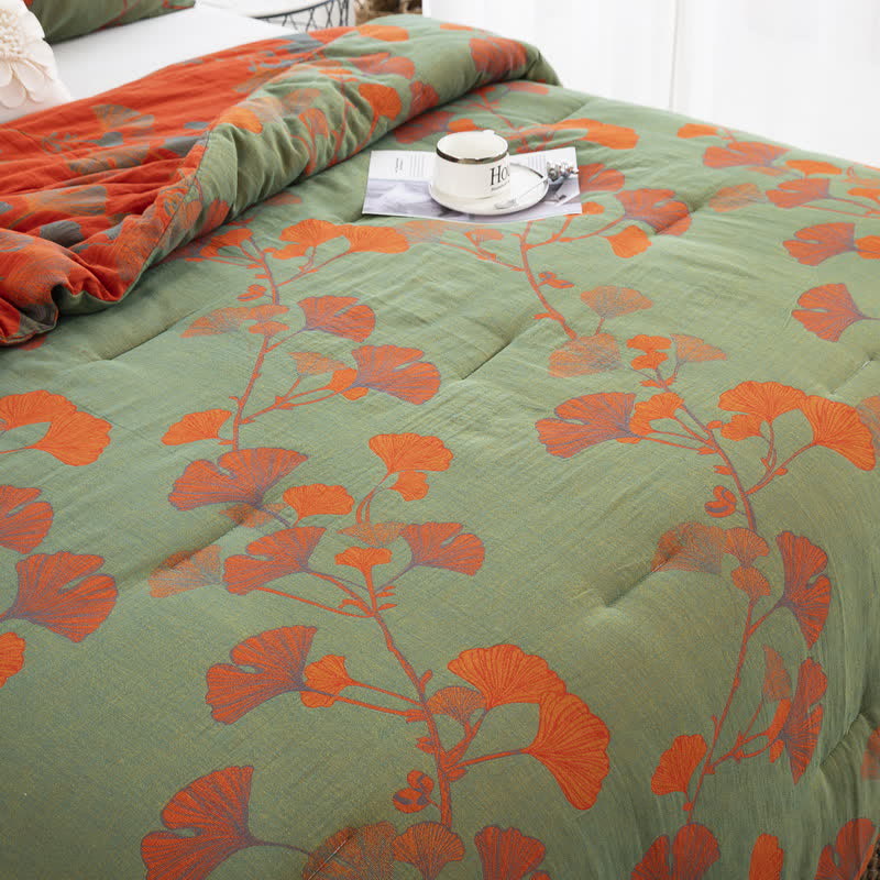 Rustic Ginkgo Leaf Bedding Set | 100% Organic Cotton | Includes Quilt & 2 Pillowcases