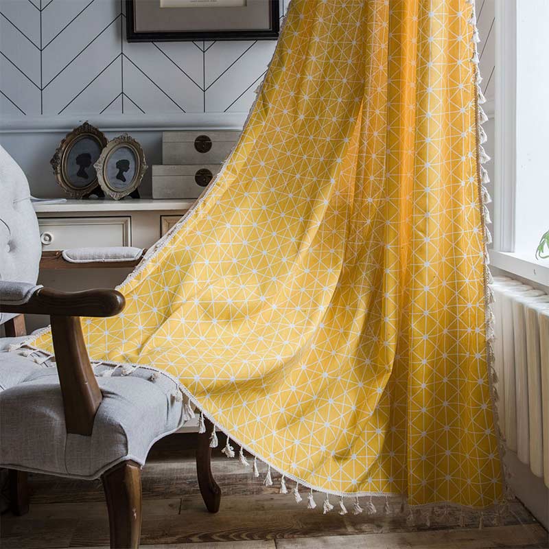 Yellow Plaid Semi-Blackout Curtains | Cotton with Tassels | 1 Piece